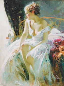 After Pino Daeni (Italian, 1939-2010), hand embellished giclee print on canvas, ‘Morning Breeze’, limited edition 41/295, COA verso, 60 x 44cm. Condition - good